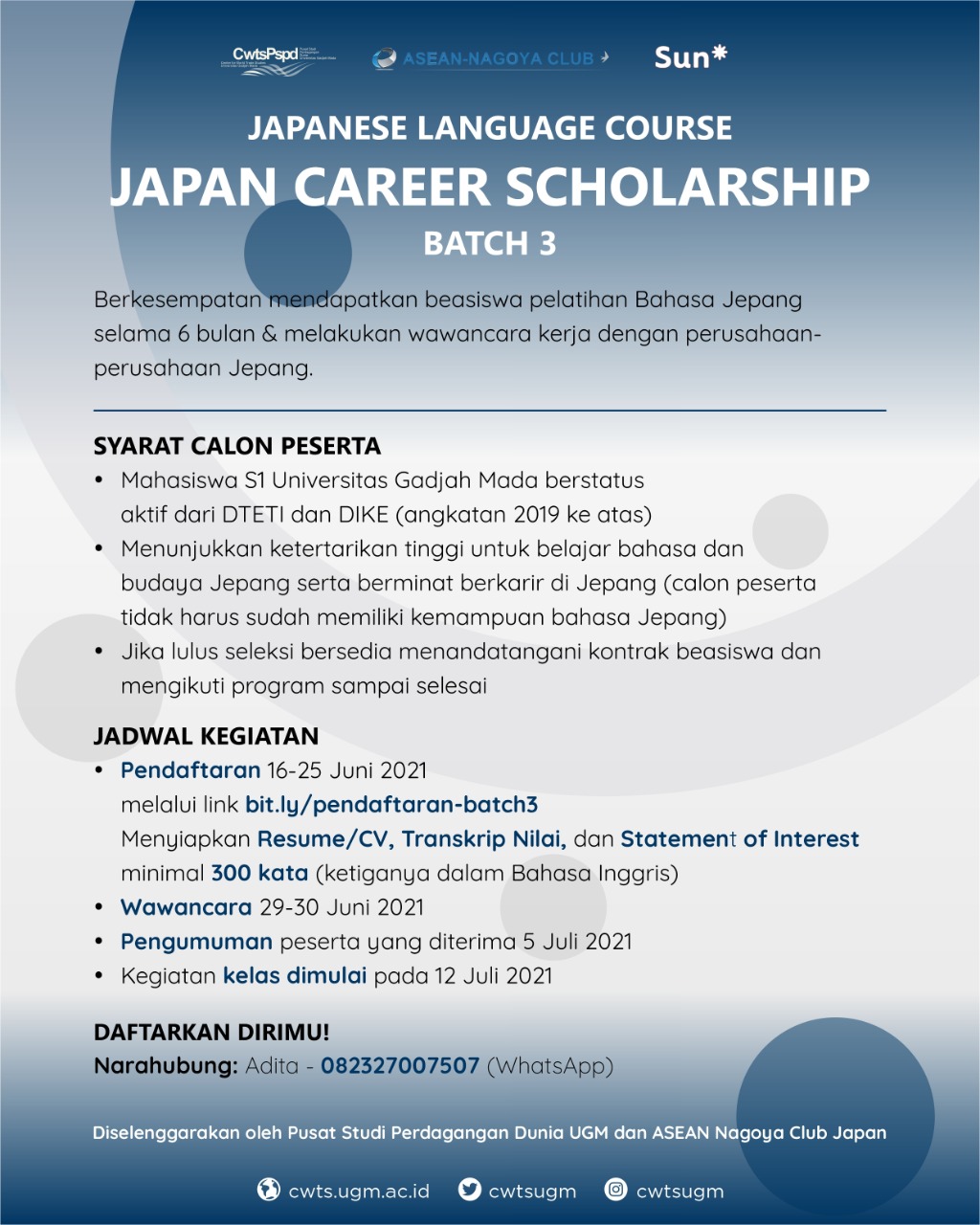 CWTS UGM-ANC JAPANESE LANGUAGE COURSE-JAPAN CAREER SCHOLARSHIP BATCH 3 [Pendaftaran 16-25 Juni]
